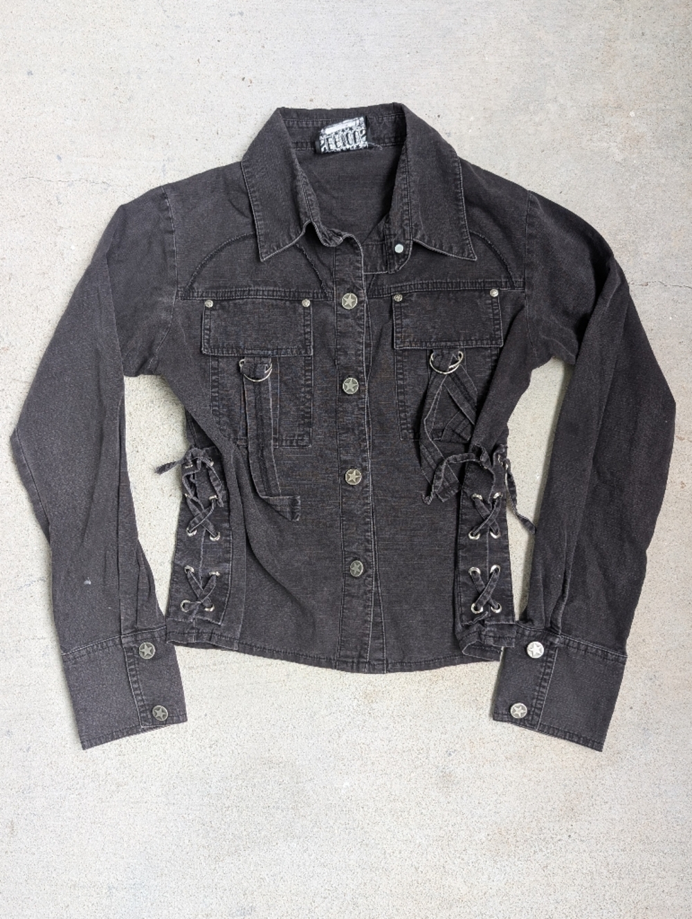 Vtg Y2K Serious Lace-Up Denim Jacket Western Goth Utility Black Punk Grunge